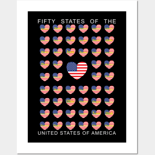 Fifty States American Flag Hearts Posters and Art